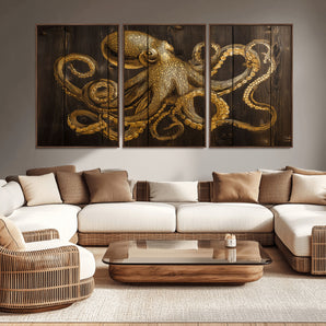 56769669-MGV-CV-36X24-Octopus Wall Art – Gold Nautical Canvas Print with Rustic Wood Panel Design, Detailed Marine Artwork for Coastal Ocean Decoration