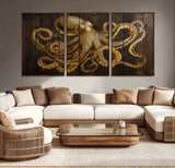 56769669-MGV-CV-36X24-Octopus Wall Art – Gold Nautical Canvas Print with Rustic Wood Panel Design, Detailed Marine Artwork for Coastal Ocean Decoration