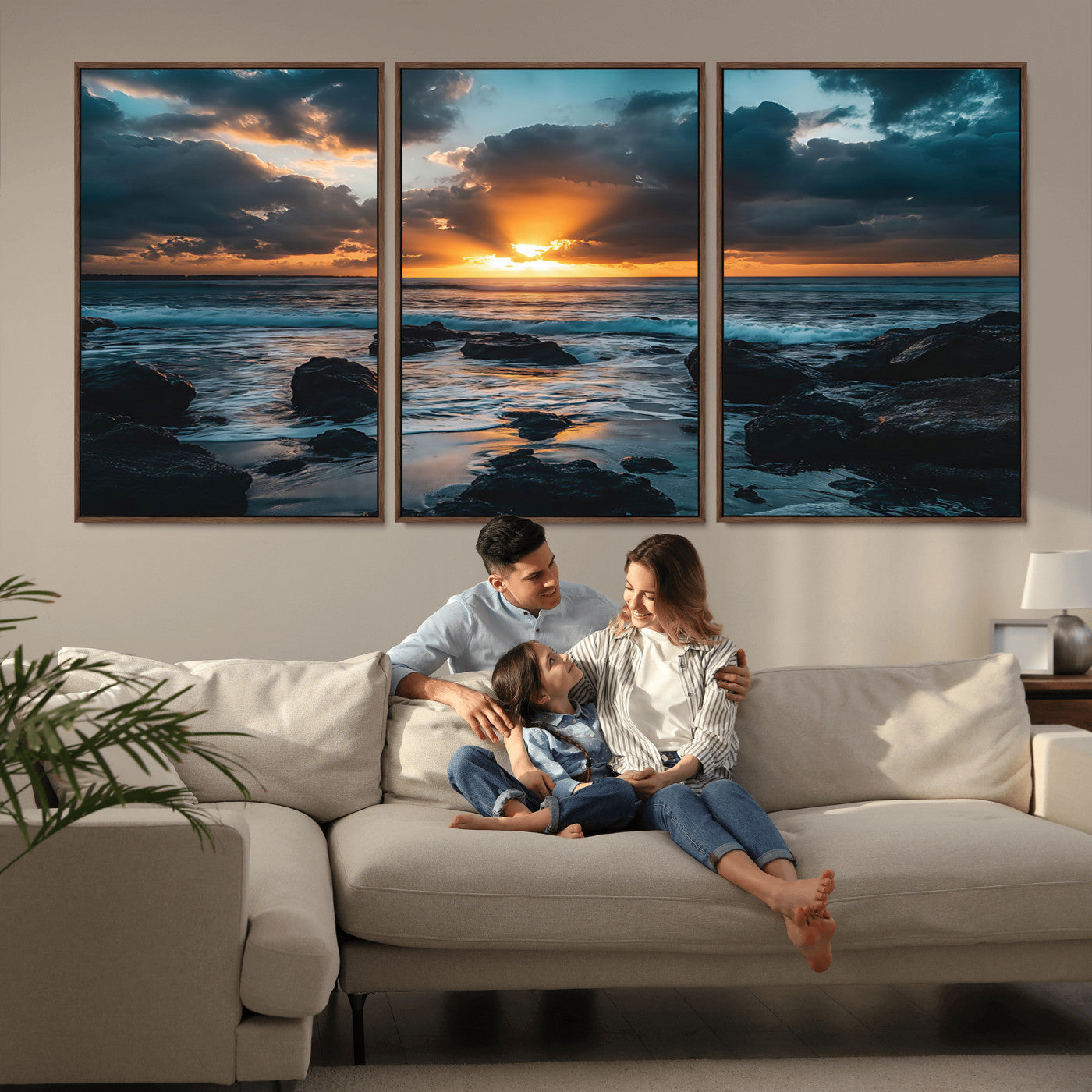 66040852-MGV-FC-60X30-3P_Walnut-Ocean Sunset Canvas Wall Art – Rocky Shore Waves, Dramatic Clouds, Golden Sun Rays, Coastal Nature, Serene Water Reflection for