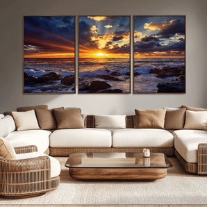 35900590-MGV-CV-36X24-Ocean Sunset Wall Art – Vivid Seascape Canvas Print with Sunburst Sky, Crashing Waves and Rocky Shore, Dramatic Coastal