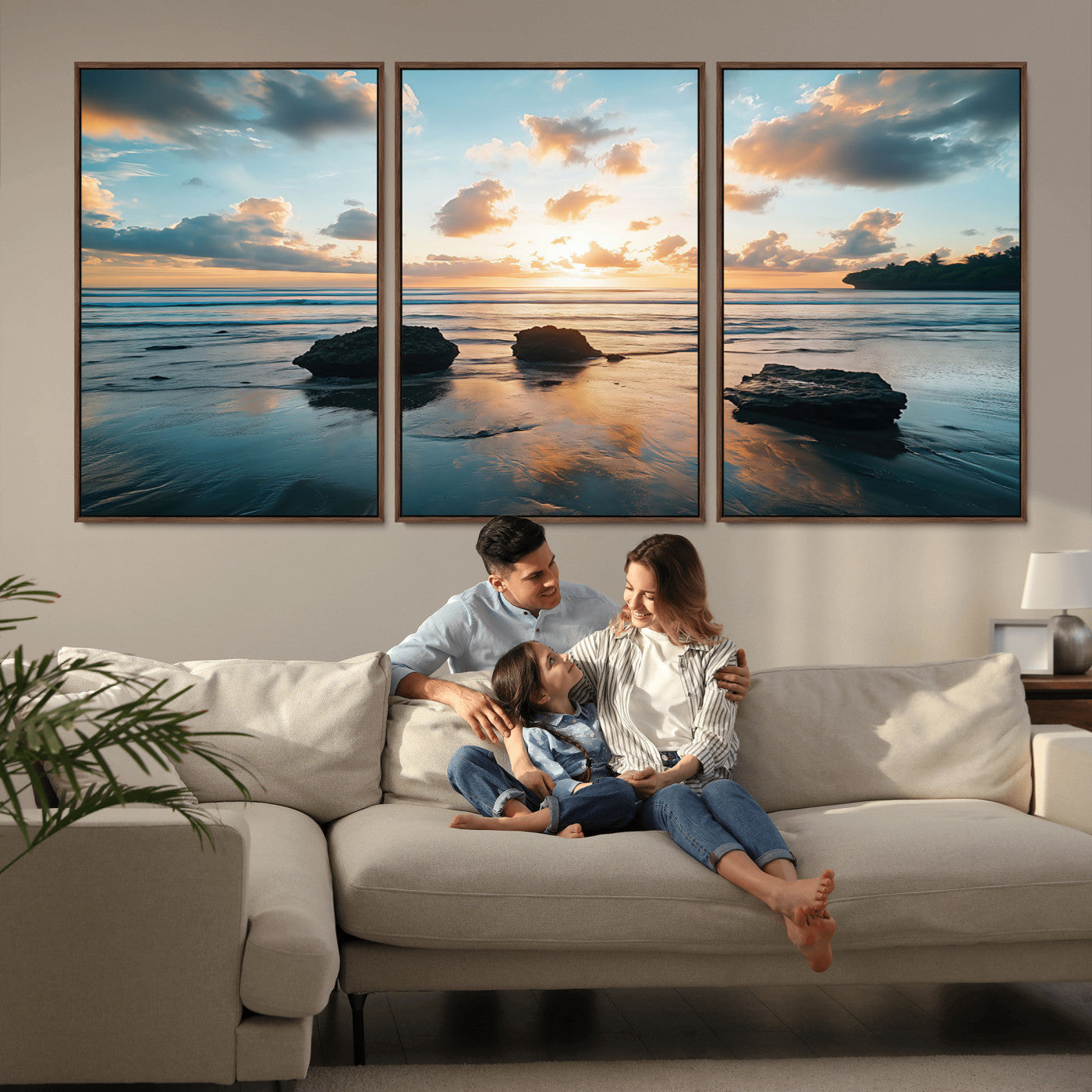 23879436-MGV-FC-60X30-3P_Walnut-Rocky Ocean Sunset Canvas Wall Art – Seaside Dramatic Seascape, Ocean Sunset Art Print for Coastal Modern Decor for Nature