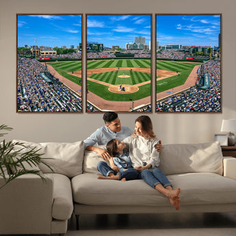 35800083-MGV-FC-60X30-3P_Walnut-Wrigley Field Baseball Stadium Canvas Wall Art – Packed Crowd Sports Stadium Print, City Skyline Baseball Field Canvas for Game