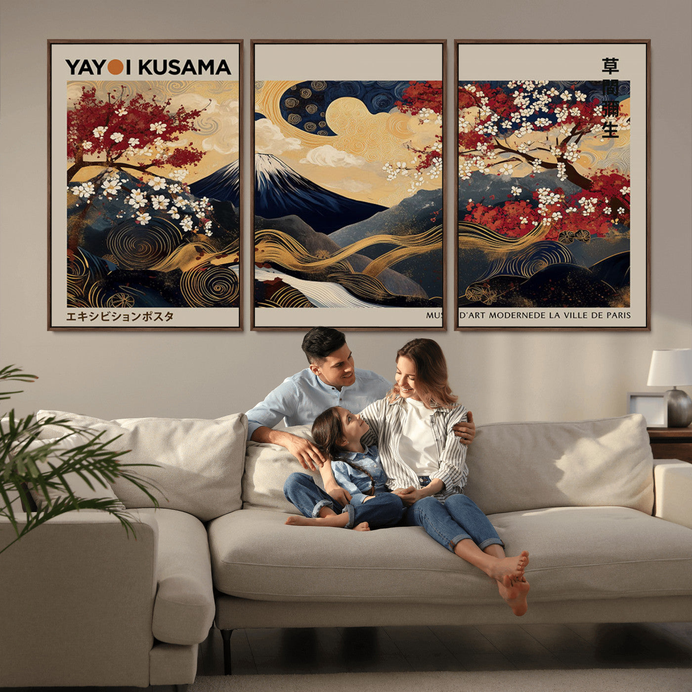 66892669-MGV-FC-60X30-3P_Walnut-Yayoi Kusama Japanese Inspired Canvas Print – Mt. Fuji & Floral Scene Wall Art, Framed Asian Style Canvas for Home, Office or