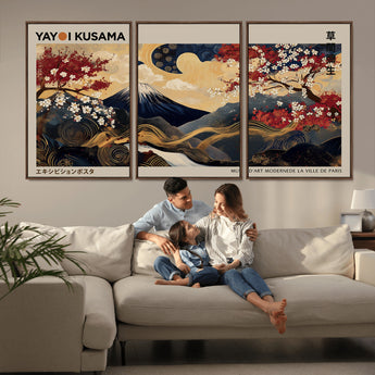 66892669-MGV-FC-60X30-3P_Walnut-Yayoi Kusama Japanese Inspired Canvas Print – Mt. Fuji & Floral Scene Wall Art, Framed Asian Style Canvas for Home, Office or