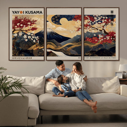 66892669-MGV-FC-60X30-3P_Walnut-Yayoi Kusama Japanese Inspired Canvas Print – Mt. Fuji & Floral Scene Wall Art, Framed Asian Style Canvas for Home, Office or
