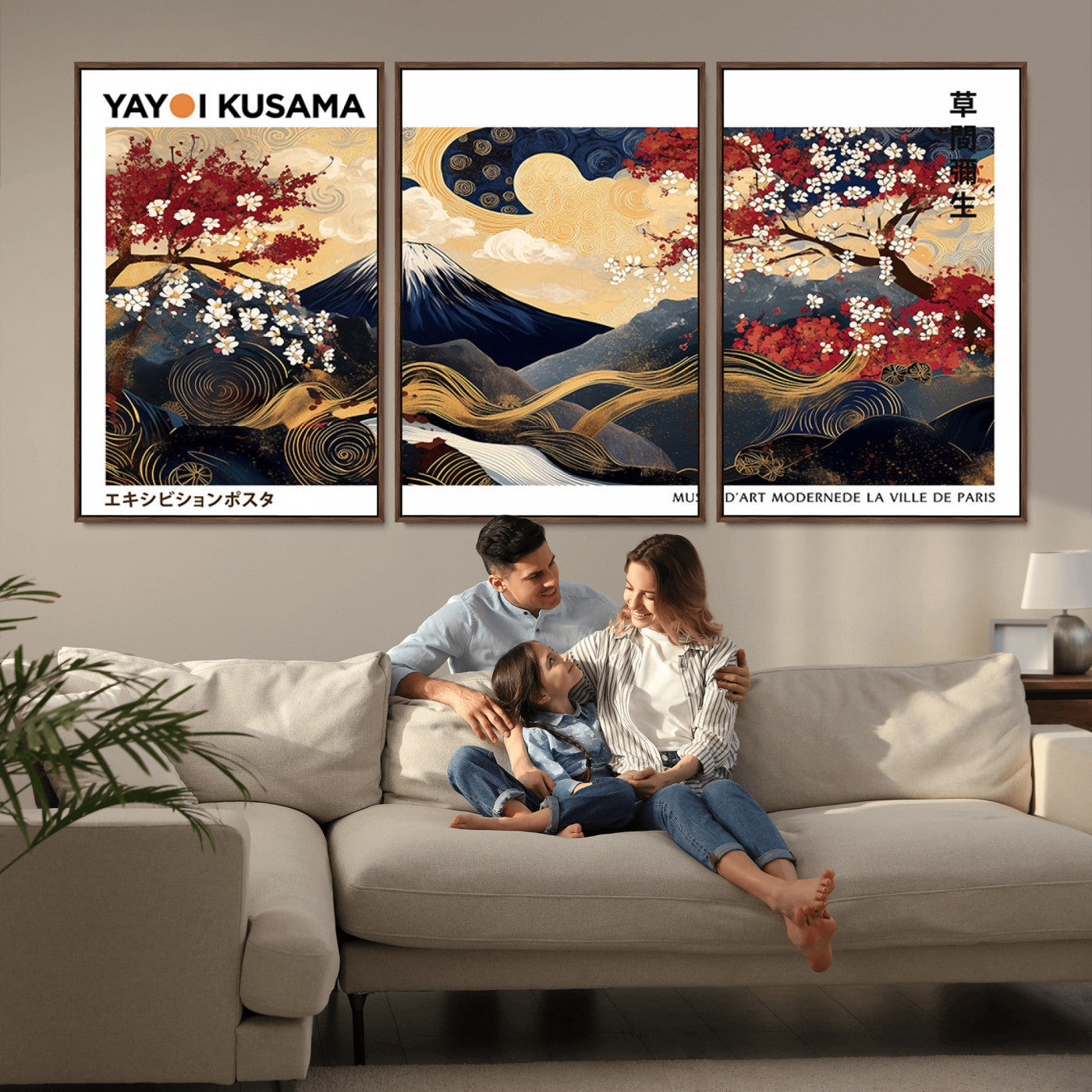 28945903-MGV-FC-60X30-3P_Walnut-Yayoi Kusama Inspired Japanese Art Canvas Print – Framed Floral & Mt. Fuji Wall Decor, Modern Asian Style Canvas for Home, Office,
