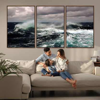 38622353-MGV-FC-60X30-3P_Walnut-Stormy Ocean Waves Canvas Wall Art – Framed Turbulent Sea Print, Large Nature Canvas for Coastal, Living Room, or Office Spaces