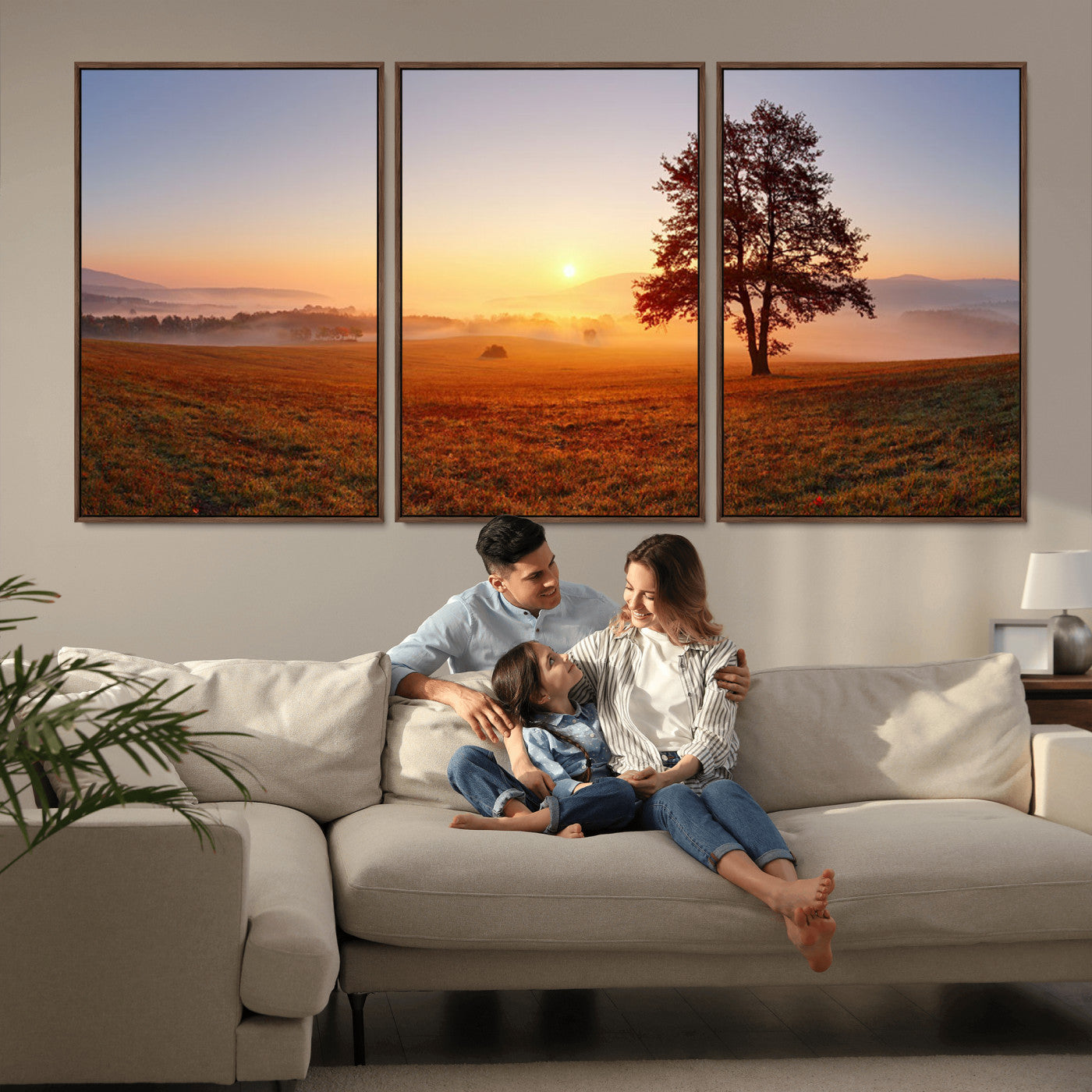 57919623-MGV-FC-60X30-3P_Walnut-Golden Sunrise Landscape Canvas Wall Art - Framed Misty Field Print, Large Nature Canvas for Living Room, Office, or Home Decor