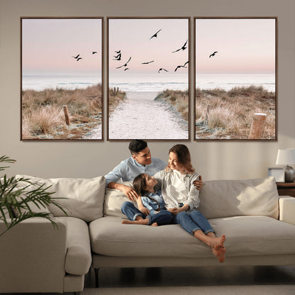 34632598-MGV-FC-60X30-3P_Walnut-Coastal Pathway Canvas Wall Art – Framed Seaside Landscape, Large Beach and Birds Canvas Print for Home, Office, or Living Room