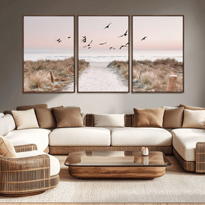 34632598-MGV-CV-36X24-Beach Pathway Wall Art – Coastal Canvas Print with Sandy Trail, Flying Birds and Pastel Sky, Serene Ocean Landscape Photography