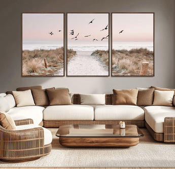 34632598-MGV-CV-36X24-Beach Pathway Wall Art – Coastal Canvas Print with Sandy Trail, Flying Birds and Pastel Sky, Serene Ocean Landscape Photography