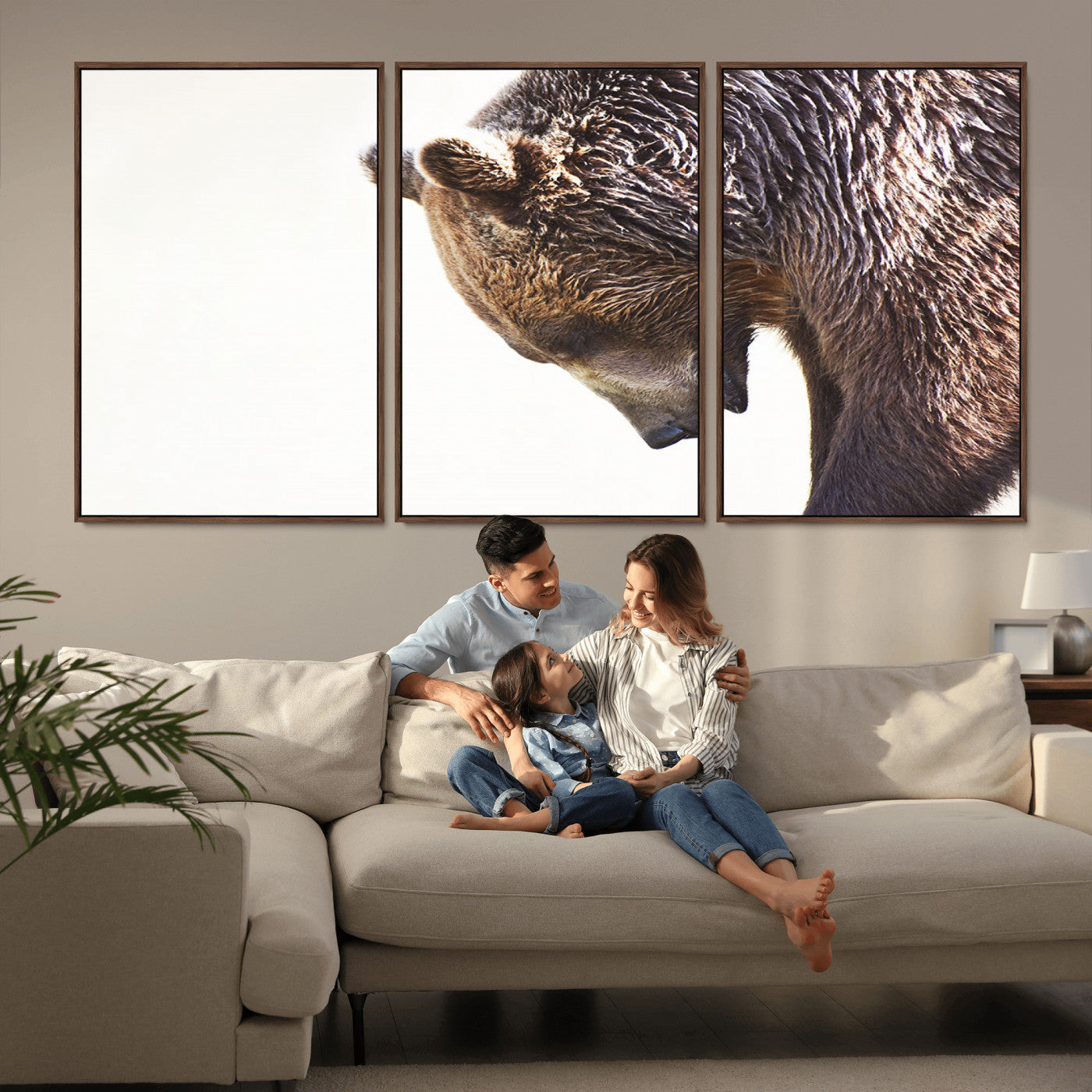 14405507-MGV-FC-60X30-3P_Walnut-Grizzly Bear Canvas Wall Art – Framed Wildlife Nature Decor, Large Brown Bear Profile Canvas Print for Living Room, Office, or