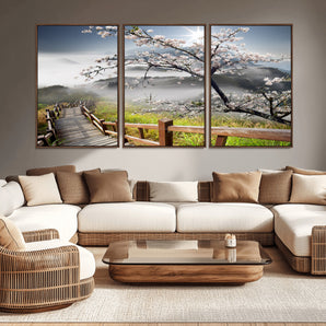 34632598CRY-MGV-CV-36X24-Cherry Blossom Wall Art – Scenic Asian Landscape Canvas Print with Wooden Walkway, Misty Mountains and Sunrise, Serene Nature
