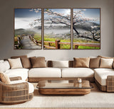 34632598CRY-MGV-CV-36X24-Cherry Blossom Wall Art – Scenic Asian Landscape Canvas Print with Wooden Walkway, Misty Mountains and Sunrise, Serene Nature