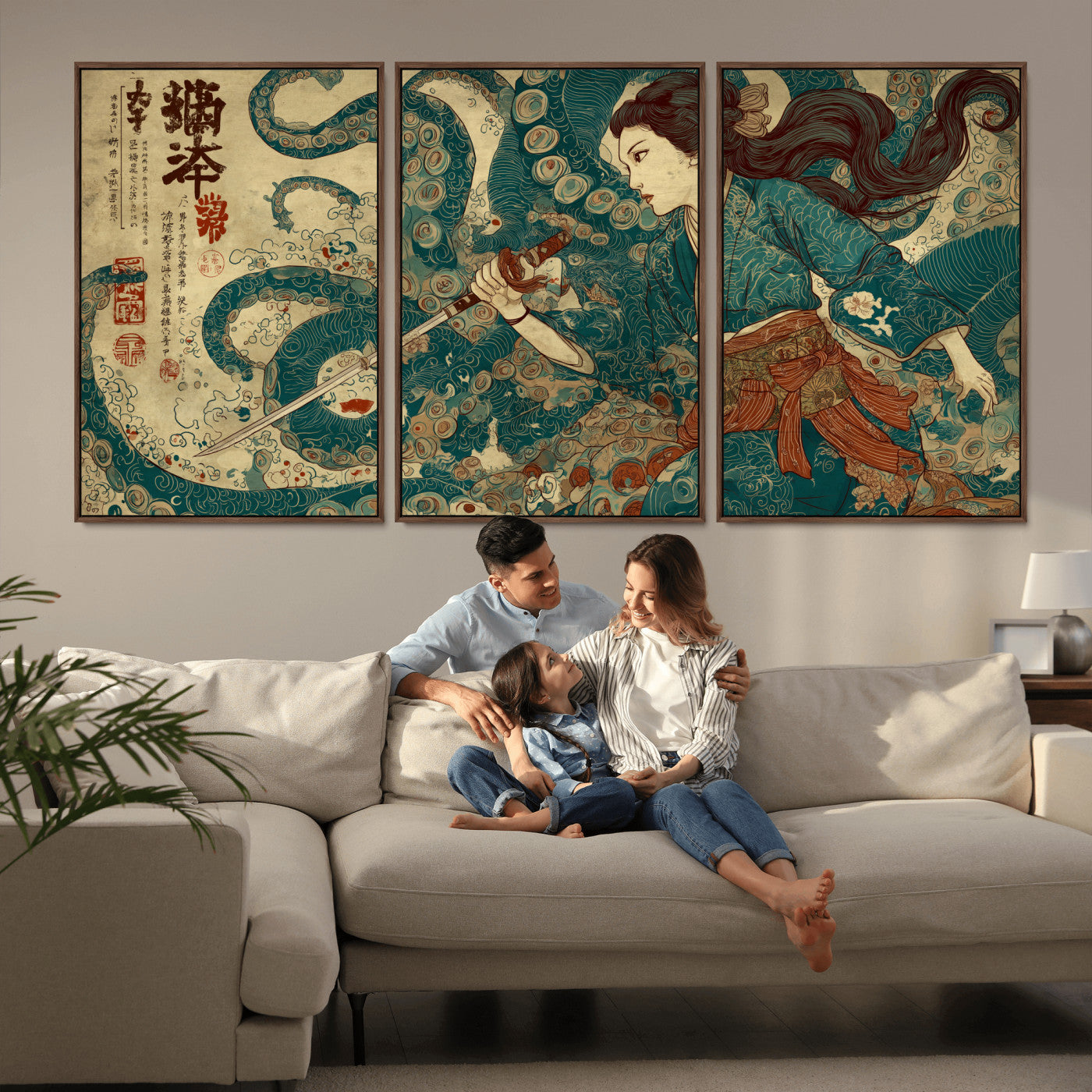 46837670-MGV-FC-60X30-3P_Walnut-Tsukioka Yoshitoshi Samurai Wall Art Print, Japanese Katana Warrior Canvas Wall Art, Octopus Sea Monster Canvas Print,