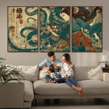 46837670-MGV-FC-60X30-3P_Walnut-Tsukioka Yoshitoshi Samurai Wall Art Print, Japanese Katana Warrior Canvas Wall Art, Octopus Sea Monster Canvas Print,