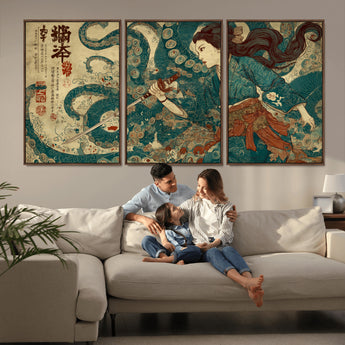46837670-MGV-FC-60X30-3P_Walnut-Tsukioka Yoshitoshi Samurai Wall Art Print, Japanese Katana Warrior Canvas Wall Art, Octopus Sea Monster Canvas Print,