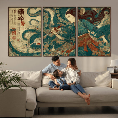 46837670-MGV-FC-60X30-3P_Walnut-Tsukioka Yoshitoshi Samurai Wall Art Print, Japanese Katana Warrior Canvas Wall Art, Octopus Sea Monster Canvas Print,