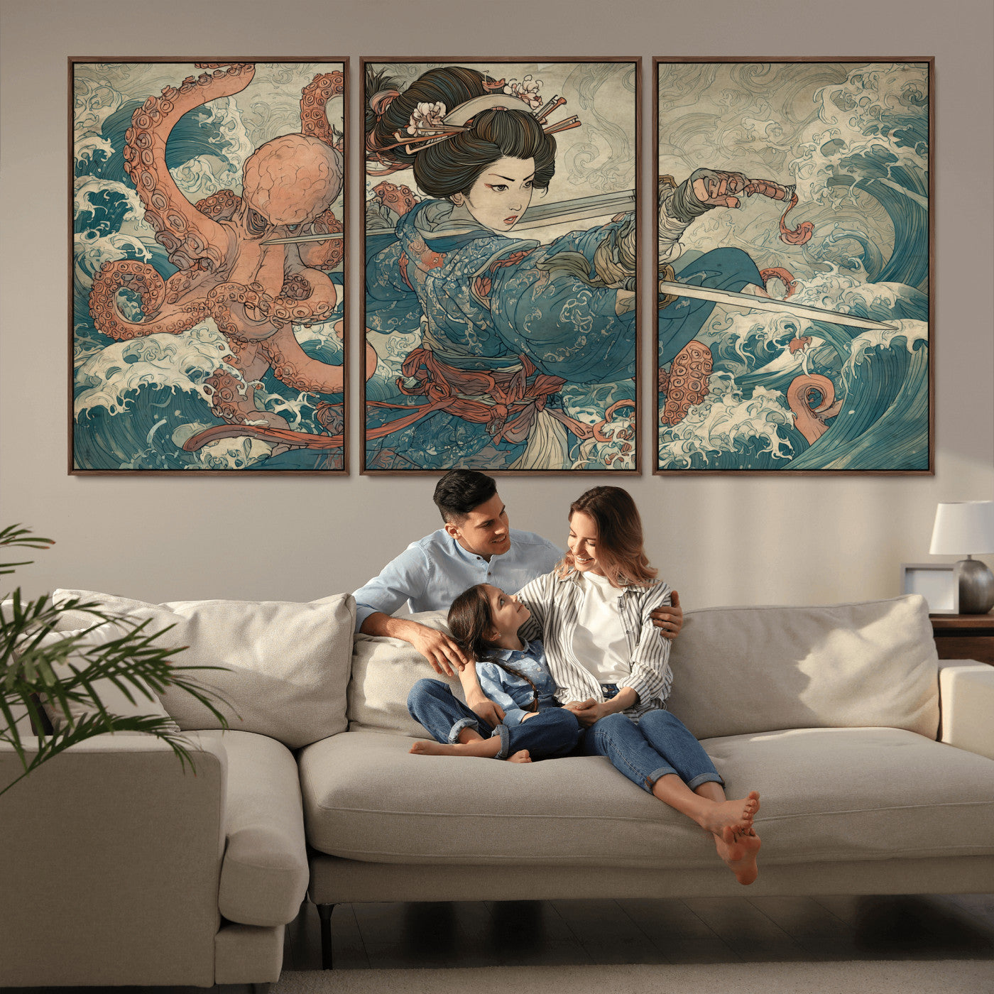 52037775-MGV-FC-60X30-3P_Walnut-Tsukioka Yoshitoshi Samurai Wall Art Print, Japanese Katana Warrior Canvas Wall Art, Octopus Sea Monster Canvas Print,