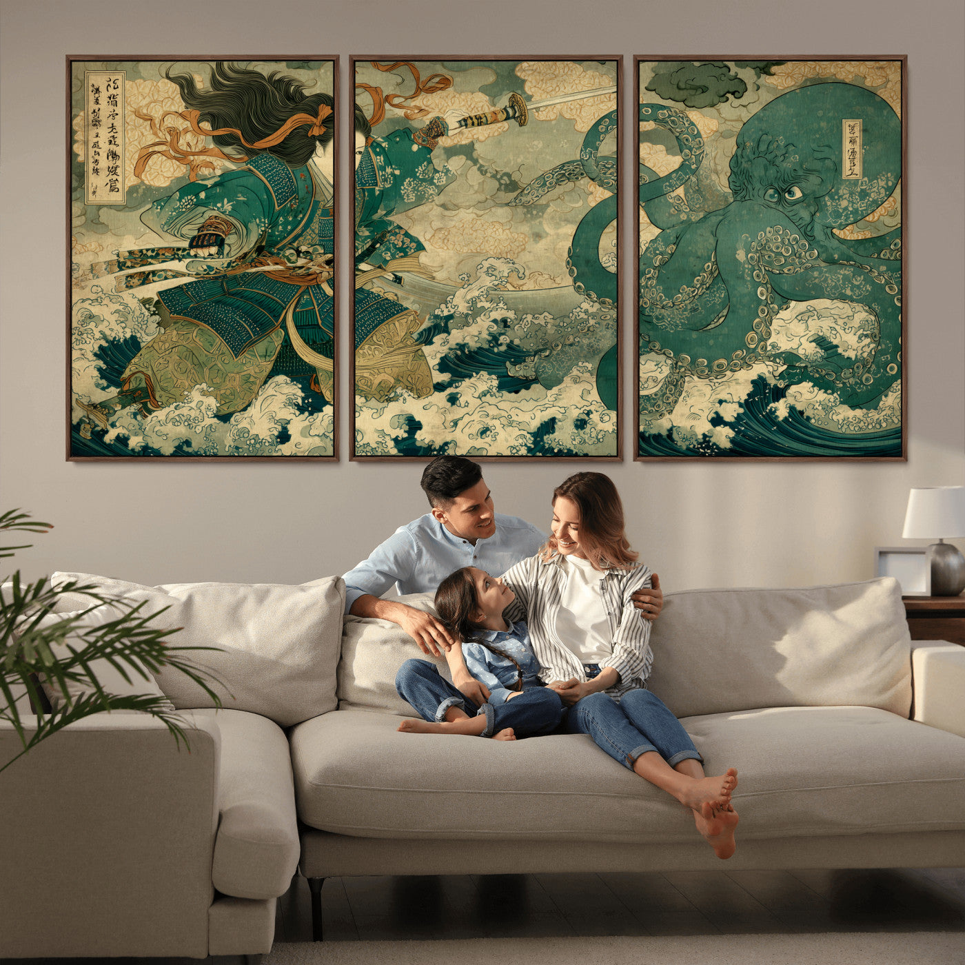 24416422-MGV-FC-60X30-3P_Walnut-Tsukioka Yoshitoshi Samurai Wall Art Print, Japanese Katana Warrior Canvas Wall Art, Octopus Sea Monster Canvas Print,