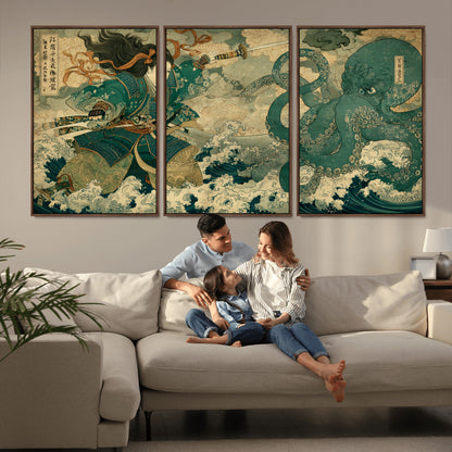 24416422-MGV-FC-60X30-3P_Walnut-Tsukioka Yoshitoshi Samurai Wall Art Print, Japanese Katana Warrior Canvas Wall Art, Octopus Sea Monster Canvas Print,