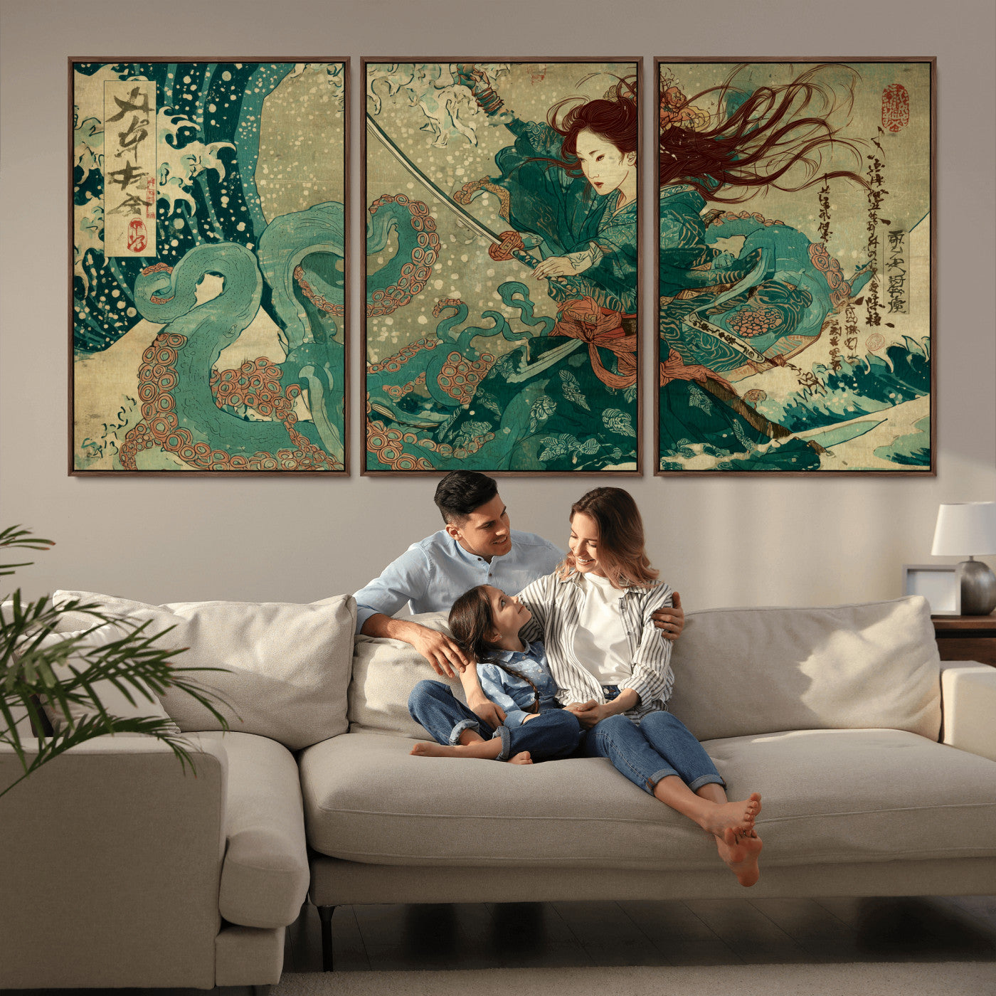 86918027-MGV-FC-60X30-3P_Walnut-Tsukioka Yoshitoshi Samurai Wall Art Print, Japanese Katana Warrior Canvas Wall Art, Octopus Sea Monster Canvas Print,