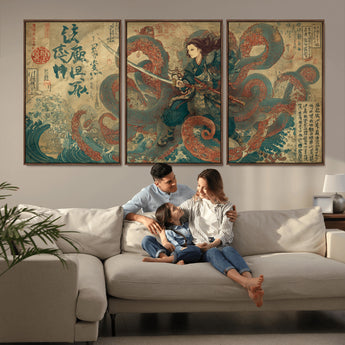 98593115-MGV-FC-60X30-3P_Walnut-Tsukioka Yoshitoshi Samurai Wall Art Print, Japanese Katana Warrior Canvas Wall Art, Octopus Sea Monster Canvas Print,