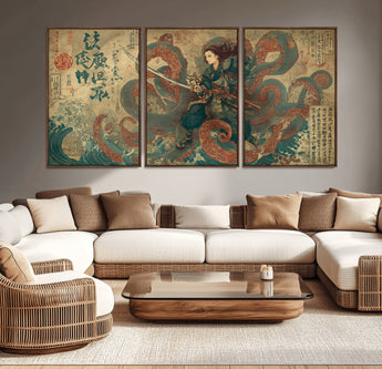 98593115-MGV-CV-36X24-Samurai Warrior vs Octopus Wall Art – Japanese Ukiyo-e Calligraphy Canvas Print, Ocean Battle Scene Artwork for Living Room,