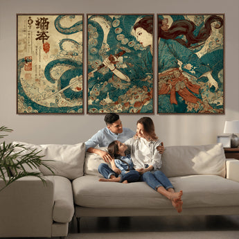 18575670-MGV-FC-60X30-3P_Walnut-Tsukioka Yoshitoshi Samurai Wall Art Print, Japanese Katana Warrior Canvas Wall Art, Octopus Sea Monster Canvas Print,