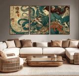 18575670-MGV-CV-36X24-Samurai Woman vs Octopus Wall Art – Japanese Ukiyo-e Ocean Battle Canvas Print, Traditional Warrior Artwork for Living Room,
