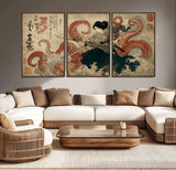 50812504-MGV-CV-36X24-Samurai Woman vs Octopus Wall Art – Japanese Ukiyo-e Red Tentacle Canvas Print, Ocean Battle Artwork for Living Room, Office, Man
