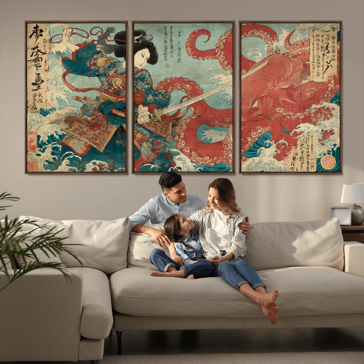 68844327-MGV-FC-60X30-3P_Walnut-Tsukioka Yoshitoshi Samurai Wall Art Print, Japanese Katana Warrior Canvas Wall Art, Octopus Sea Monster Canvas Print,