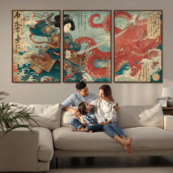 68844327-MGV-FC-60X30-3P_Walnut-Tsukioka Yoshitoshi Samurai Wall Art Print, Japanese Katana Warrior Canvas Wall Art, Octopus Sea Monster Canvas Print,