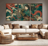35461724-MGV-CV-36X24-Samurai Woman vs Octopus Wall Art – Japanese Ukiyo-e Ocean Waves Canvas Print, Red Tentacle Battle Artwork for Living Room,