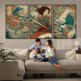 63377977-MGV-FC-60X30-3P_Walnut-Tsukioka Yoshitoshi Samurai Wall Art Print, Japanese Katana Warrior Canvas Wall Art, Octopus Sea Monster Canvas Print,