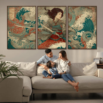 63377977-MGV-FC-60X30-3P_Walnut-Tsukioka Yoshitoshi Samurai Wall Art Print, Japanese Katana Warrior Canvas Wall Art, Octopus Sea Monster Canvas Print,