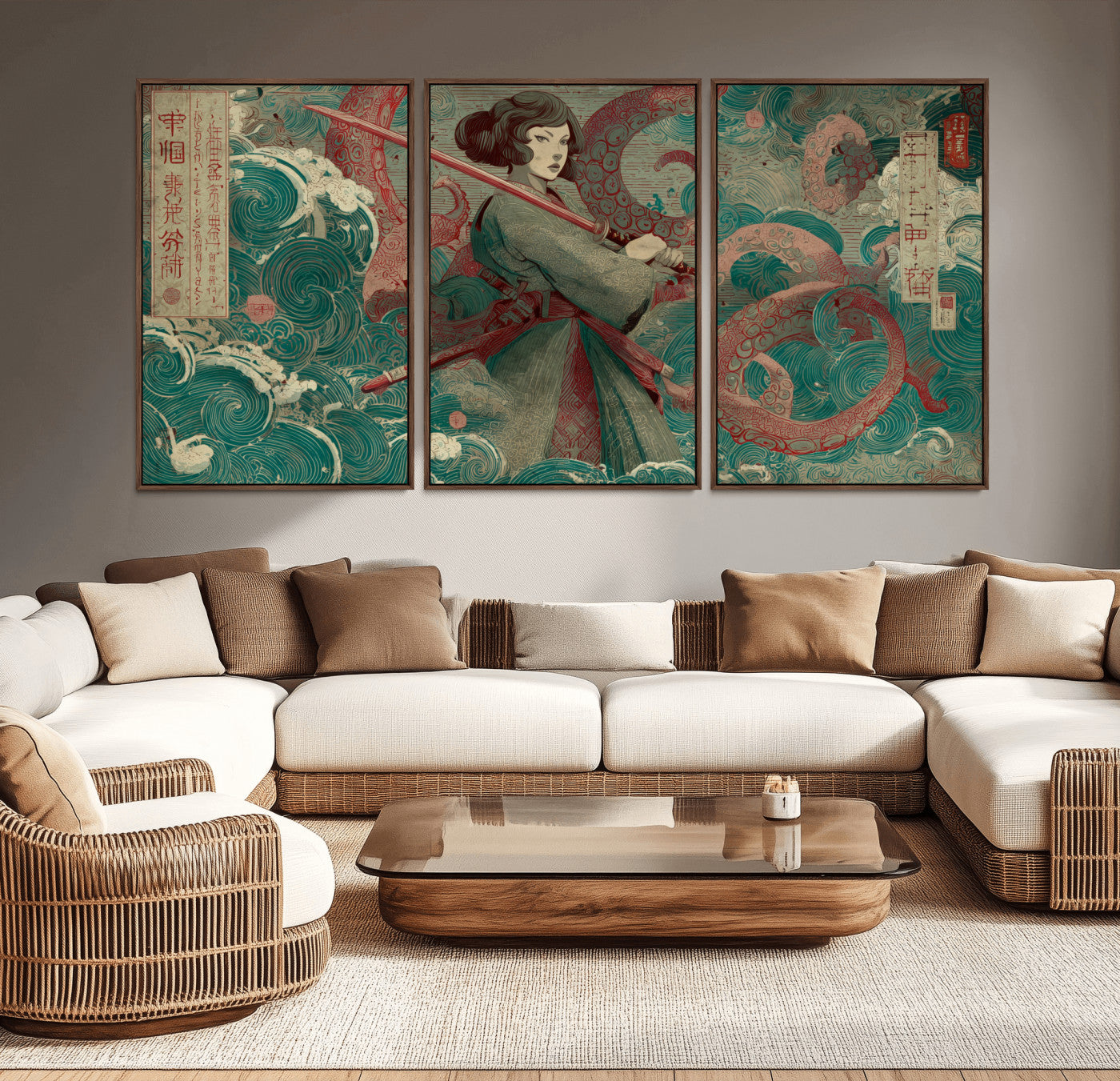 91666601-MGV-CV-36X24-Samurai Woman vs Octopus Wall Art – Japanese Ukiyo-e Green Robe Canvas Print, Ocean Battle Artwork for Living Room, Office, Man