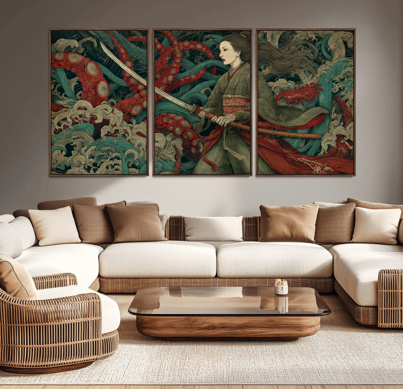 18902796-MGV-CV-36X24-Samurai Woman vs Octopus Wall Art – Japanese Ukiyo-e Green Kimono Canvas Print, Ocean Battle Scene Artwork for Living Room,