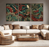 18902796-MGV-CV-36X24-Samurai Woman vs Octopus Wall Art – Japanese Ukiyo-e Green Kimono Canvas Print, Ocean Battle Scene Artwork for Living Room,