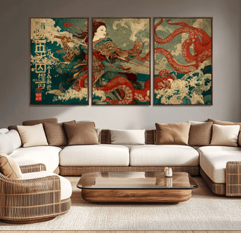 60201267-MGV-CV-36X24-Samurai Woman vs Octopus Wall Art – Japanese Ukiyo-e Armor Canvas Print, Red Tentacle Ocean Battle Artwork for Living Room,