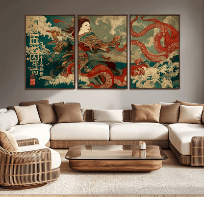 60201267-MGV-CV-36X24-Samurai Woman vs Octopus Wall Art – Japanese Ukiyo-e Armor Canvas Print, Red Tentacle Ocean Battle Artwork for Living Room,