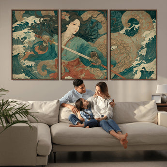 79740258-MGV-FC-60X30-3P_Walnut-Tsukioka Yoshitoshi Samurai Wall Art Print, Japanese Katana Warrior Canvas Wall Art, Octopus Sea Monster Canvas Print,
