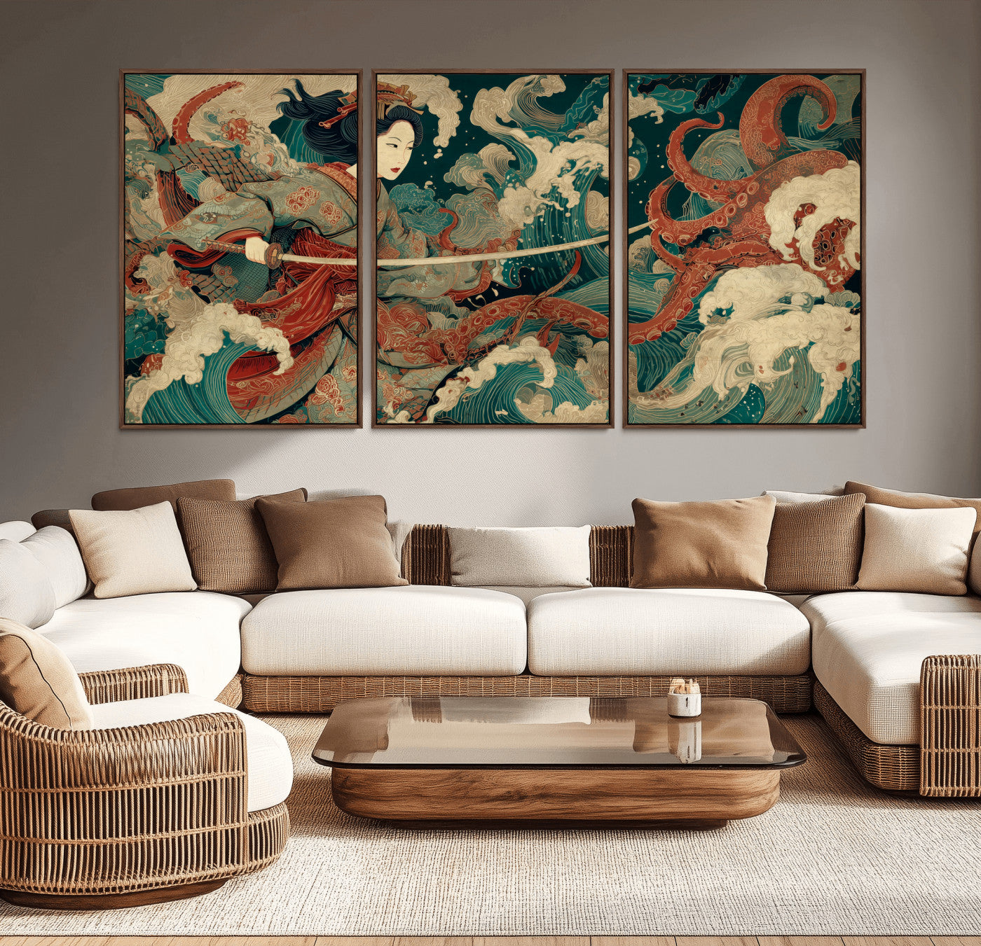 30212982-MGV-CV-36X24-Samurai Woman vs Octopus Wall Art – Japanese Ukiyo-e Style Warrior and Sea Monster Canvas Print, Mythology Inspired Artwork for