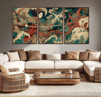 30212982-MGV-CV-36X24-Samurai Woman vs Octopus Wall Art – Japanese Ukiyo-e Style Warrior and Sea Monster Canvas Print, Mythology Inspired Artwork for