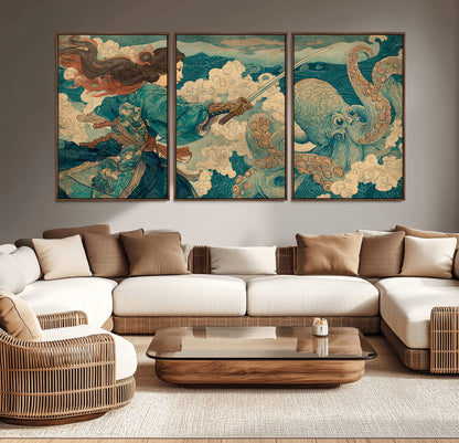 99764195-MGV-CV-36X24-Samurai vs Octopus Wall Art – Japanese Ukiyo-e Style Warrior and Sea Monster Canvas Print, Mythology Inspired Artwork for Living