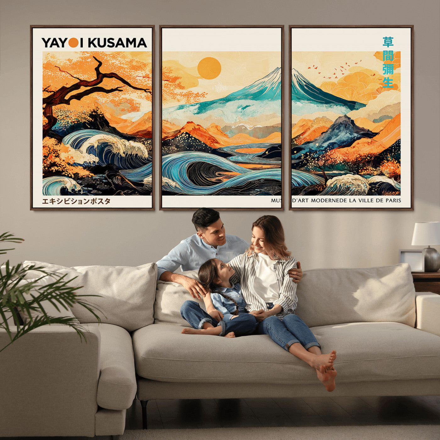 94085549-MGV-FC-60X30-3P_Walnut-Yayoi Kusama Inspired Japanese Landscape Art Print – Vibrant Mount Fuji, Waves & Autumn Trees, Modern Decorative Poster for