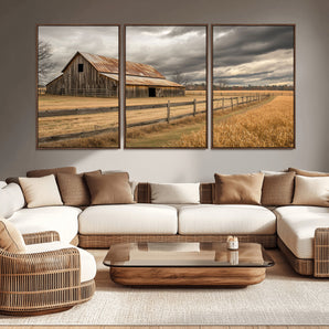 21991117-MGV-CV-36X24-Rustic Barn Wall Art – Weathered Farmhouse Canvas Print, Stormy Sky and Golden Field Photography Decor for Bedroom, Living Room,