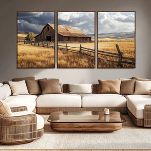 23718739-MGV-CV-36X24-Farmhouse Wall Art – Rustic Barn and Golden Wheat Field Canvas Print, Country Landscape Photography Decor for Bedroom, Living