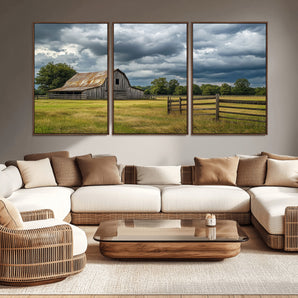 39409517-MGV-CV-36X24-Rustic Barn Wall Art – Weathered Farmhouse and Storm Clouds Canvas Print, Country Landscape Photography Decor for Bedroom, Living