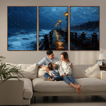 48300530-MGV-FC-60X30-3P_Walnut-Dark Stormy Pier Canvas Wall Art – Moody Ocean Night Scene with Street Lamps, Blue Coastal Seascape Print for Bedroom, Office, or